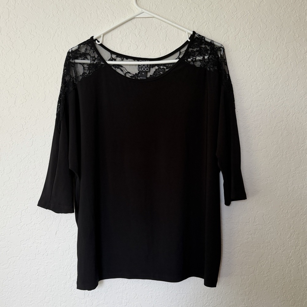 Clara Sun Woo Top XL Black Lace Short Sleeve Stretchy Romantic Fall Dolman Cute